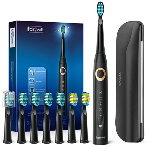 D8 Sonic Electric Toothbrush for Adults and Kids ADA Accepted, 8 Dupont Brush Heads & Travel Case 5 Modes Rechargeable Whitening Power Toothbrush 2 Mins Smart Timer 40,000 VPM Black Series