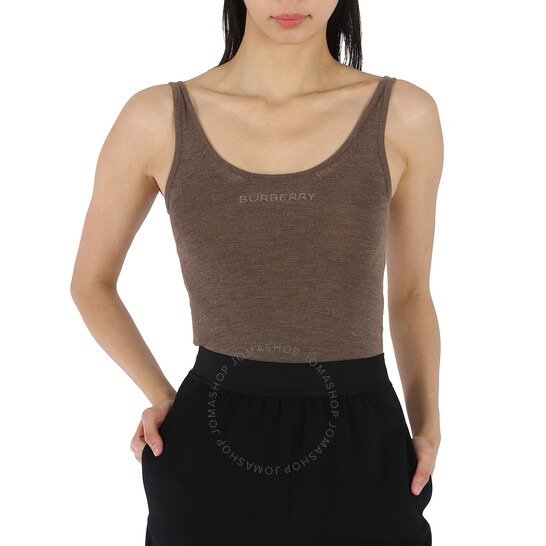 Ladies Rib Knit Technical Cashmere Logo Detail Bodysuit In Pecan Melange