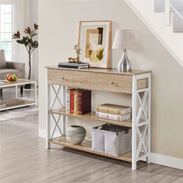 Wood and Iron Console Table 1 Drawer & 2 Shelves, Light Oak with White Frame