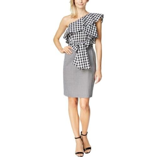 Womens B/W Mini One Shoulder Checkered Party Dress 12 BHFO 3180