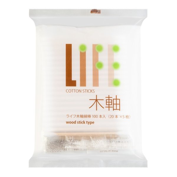 日本LIFE 双头木轴纯棉棉棒 木轴 100支入 (20支*5包) - 亚米