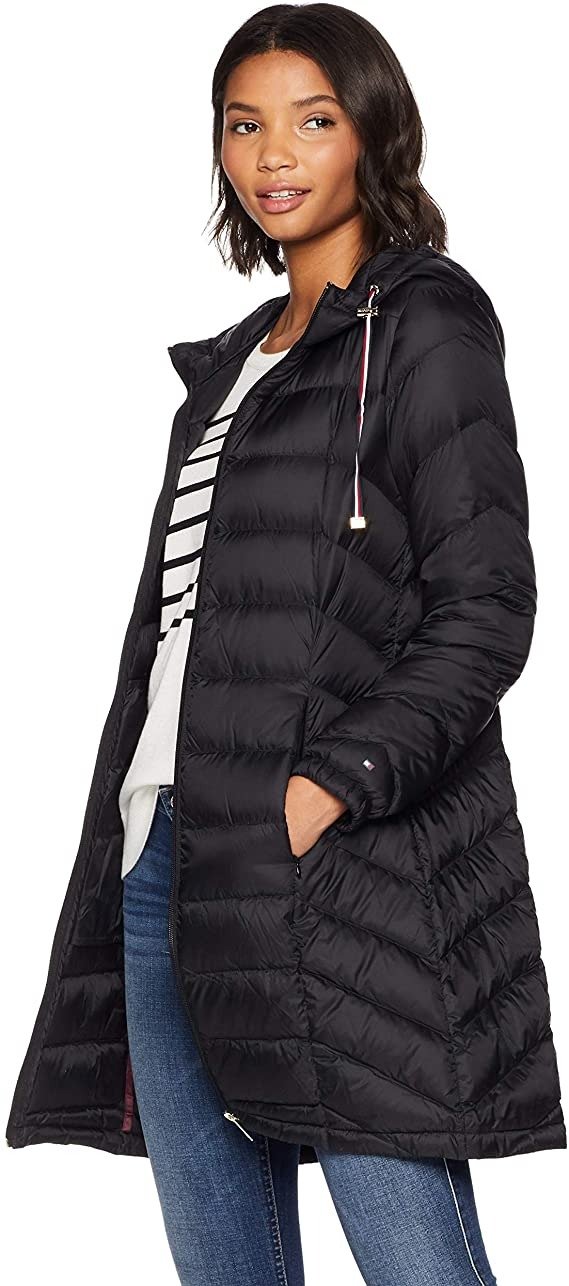 Hilfiger Women's Mid Length Chevron Quilted Packable Down Jacket