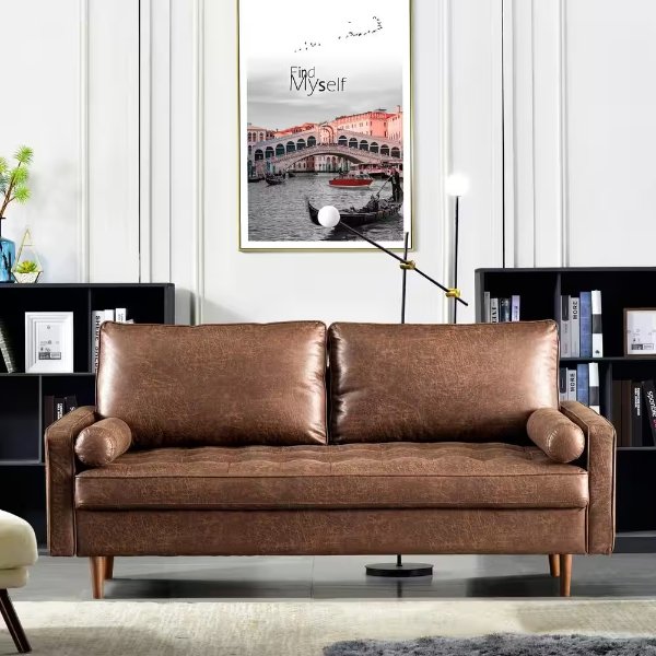 Breathabo 70 in. Square Arm Suede Fabric Modern 2-Seater Loveseat Straight Sofa with Lumbar Pillows in Dark Brown