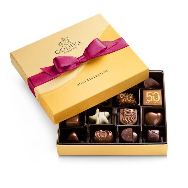 Assorted Chocolate Gold Gift Box, Wine Ribbon, 19 pc.