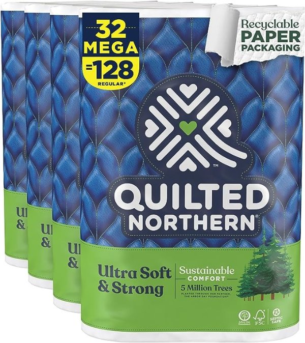 Ultra Soft & Strong Toilet Paper with Paper Packaging, 32 Mega Rolls = 128 Regular Rolls