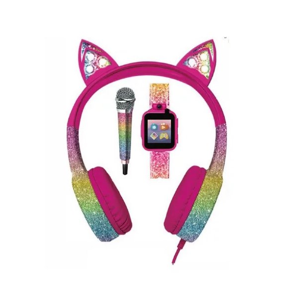 iTECH Jr Kids Smartwatch With Mini Mic & Headphones, Multi Colored Glitter Strap & Headphones
