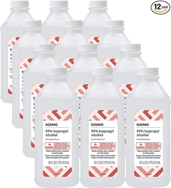 Amazon Brand - Solimo 99% Isopropyl Alcohol For Technical Use, 16 Fl Oz (Pack of 12)