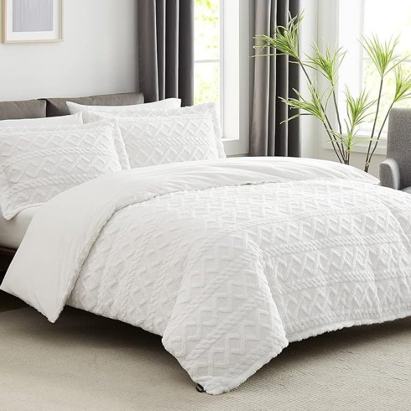 White Duvet Cover Queen Size-Tufted Queen Duvet Cover Set-Extremely Fluffy Soft Plush, 3 Pieces with Zipper Closure (1 Bedding Duvet Cover 90x90 inches and 2 Pillow Shams)