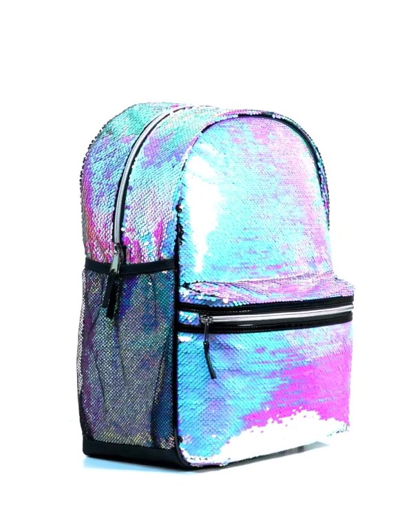 Girls Holographic Flip Sequin Backpack With Initial Pouch - holographic