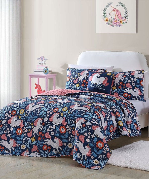Navy & Coral 'Be Magical' Unicorn Quilt Set