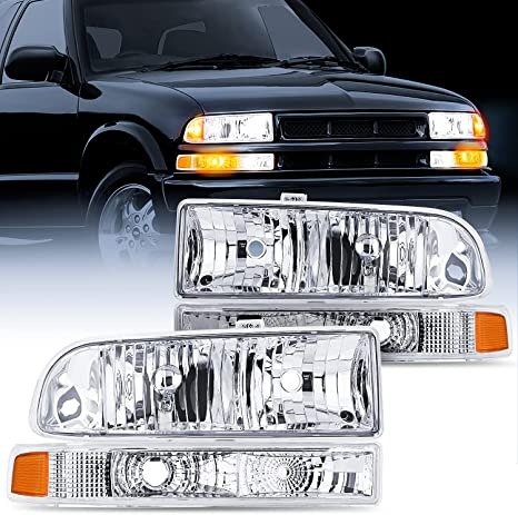 Headlight Assembly for 1998 1999 2000 2001 2002 2003 2004 2005 Chevy Blazer Headlights 1998-2004 Chevrolet S10 Pickup Replacement Headlamp Housing Bumper Lights, 2 Years Warranty