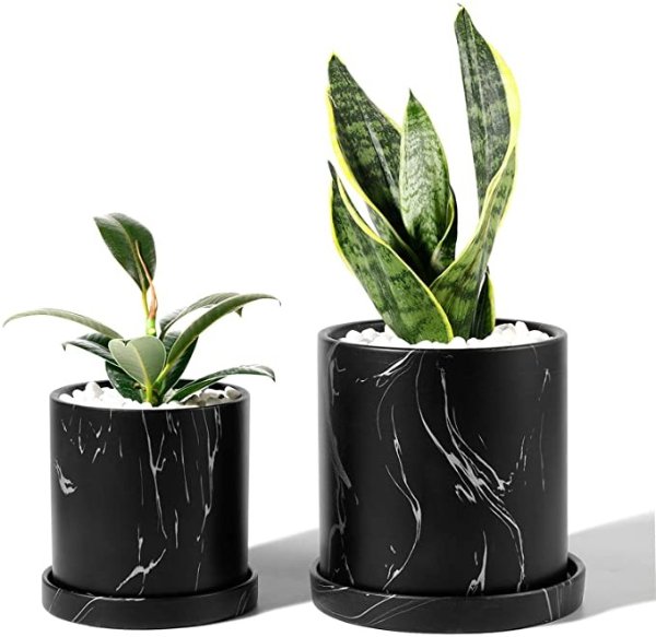 Ceramic Flower Plants Pots Planter - 3.8 Inch + 5.1 Inch Marble Container Drainage with Sacuer Indoor Herb Garden Bonsai Planting - Set of 2 (Black)