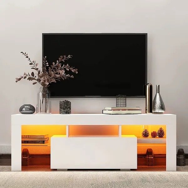 51-inch TV Stand, Entertainment Center with LED Lights and Drawers - White