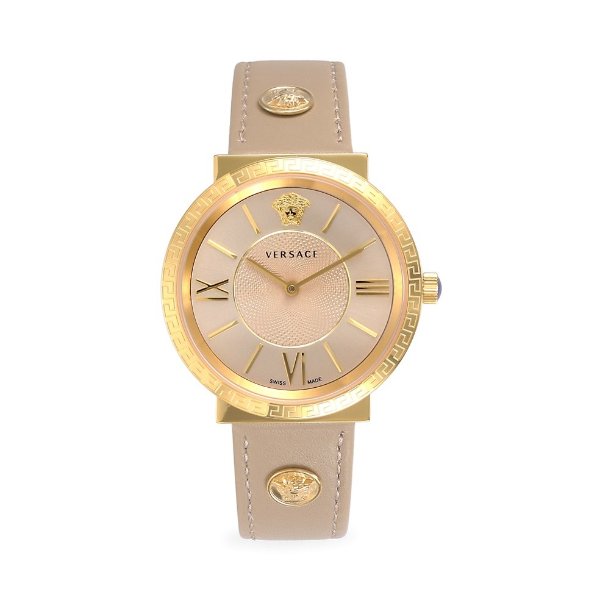 Goldtone Stainless Steel & Leather-Strap Watch