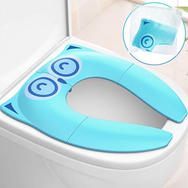 Upgrade Stable Folding Travel Portable Potty Training Seat Cover Fits Most Toilet, No Falling by 6 Large Non-slip Silicone Stopper, Come with Carry Bag for Toddler Kid Boy Girl, Turquoise Color