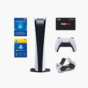 PlayStation 5 Digital Edition with White DualSense Controller and Charging Station System Bundle with $100 GameStop Gift Card