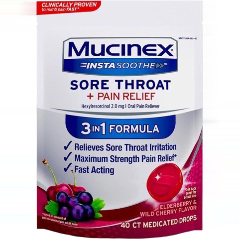 Mucinex 喉咙止痛药 40粒 接骨木和野樱桃口味
