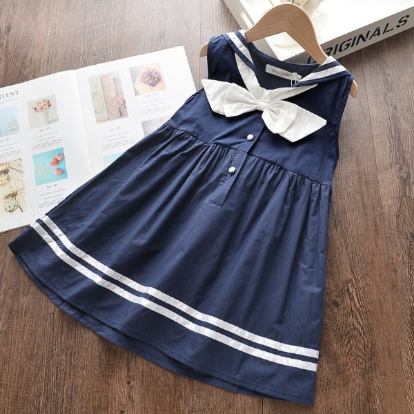 Stylish Naval Style Bow Decor Sleeveless Dresses for Baby and Toddler Girl