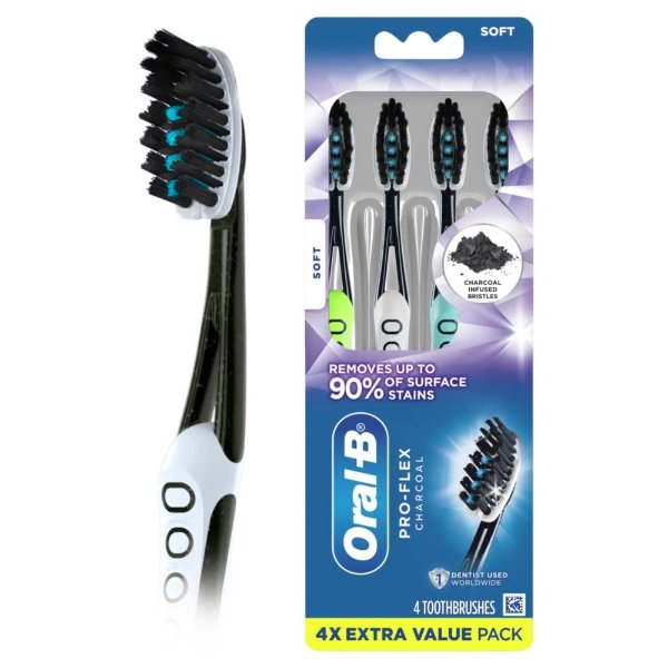 Pro-Flex Charcoal Manual Toothbrush, Soft, 4 Count