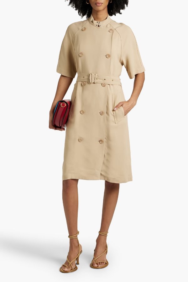 Double-breasted belted crepe midi dress