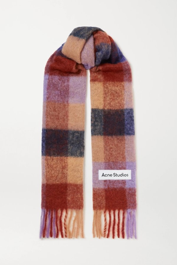Fringed checked knitted scarf