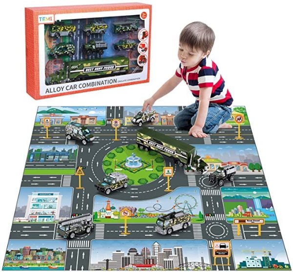 Diecast City Police Car Toy Set w/ Play Mat, Truck Carrier, SWAT Helicopter, Patrol Car, Armored Vehicle, Ladder Truck, SWAT Chariot, Alloy Metal Military Vehicle Play Set for Kids, Boys & Girls