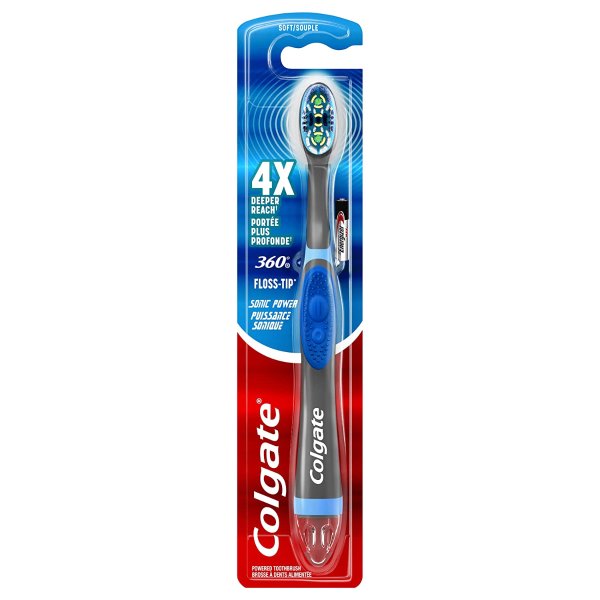 360 Sonic Battery Power Electric Toothbrush with Floss-Tip Bristles & Tongue and Cheek Cleaner, Soft