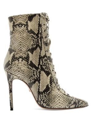 - Anaiya Snake-Embossed Leather Lace-Up Point Toe Mid-Calf Boots
