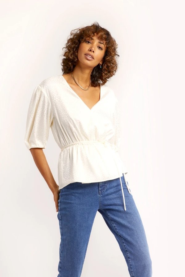 Mary Top | White Puff Sleeve Wrap Blouse | Rebecca Minkoff