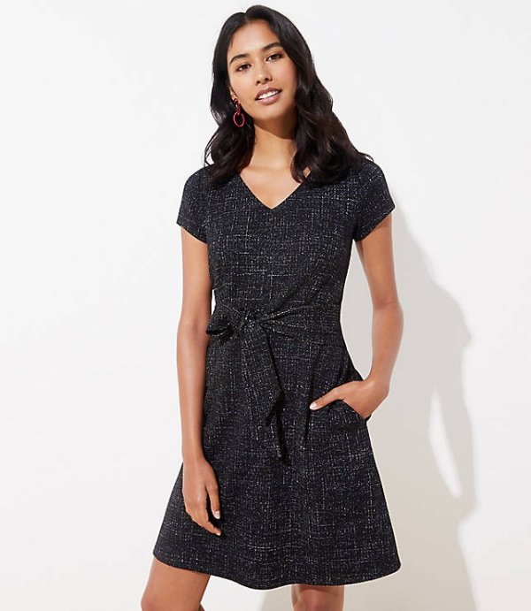 Shimmer Tweed Tie Waist Dress | LOFT