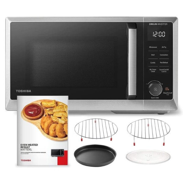TOSHIBA 6-in-1 Inverter Microwave Oven Air Fryer Combo, MASTER Series Countertop Microwave, Air Fryer, Broil, Convection, Speedy Combi, Even Defrost, Sound On/Off 27 Auto Menu Stainless Steel