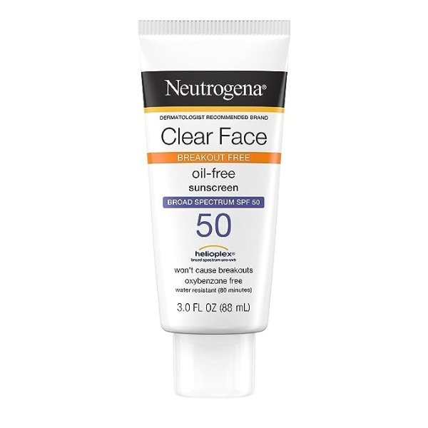 Clear Face Liquid Lotion Sunscreen for Acne-Prone Skin, Broad Spectrum SPF 50 UVA/UVB Protection, Oil-, Fragrance- & Oxybenzone-Free Facial Sunscreen, Non-Comedogenic, 3 fl. oz