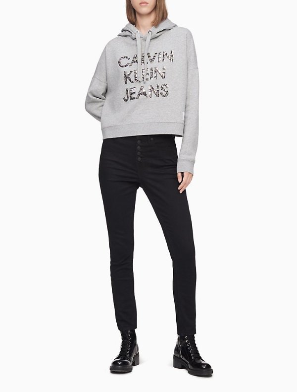 Stacked CKJ Sequin Logo Cropped Hoodie