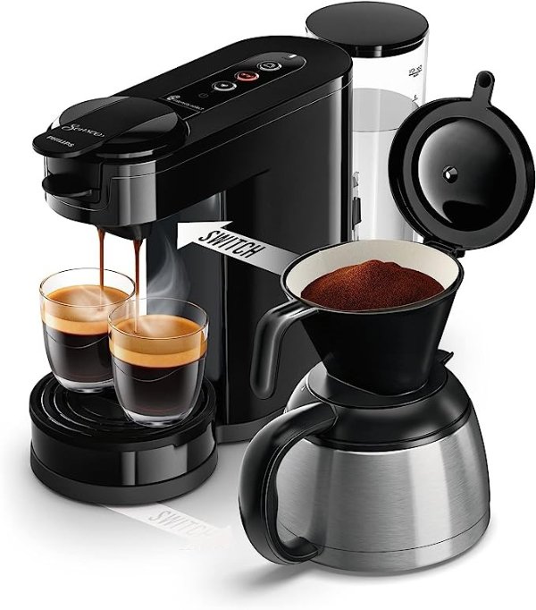 Domestic Appliances SENSEO Switch 垫和过滤咖啡机,2合1冲泡技术,1升水箱,一次7杯装,钢琴漆黑色(HD6592/64)