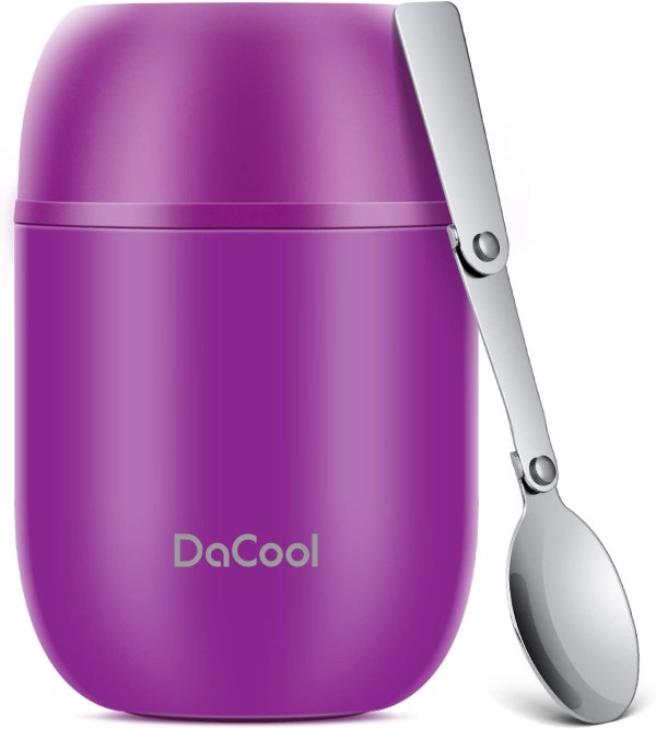 DaCool Insulated Lunch Container 16 oz Stainless Steel Keep Food Cool & Hot Bento Lunch Box for Kids Adult with Spoon Leak Proof for School Office Picnic Travel Outdoors - Purple