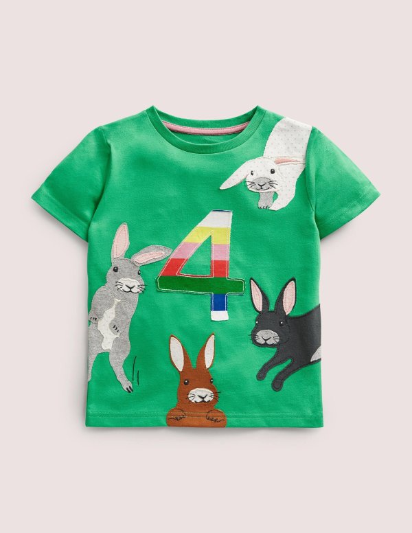 Birthday Applique T-shirt - Aloe Green Bunnies Four | Boden US