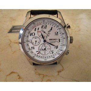 Seiko Neo Classic Alarm Perpetual Chronograph White Dial Black Leather Men's Watch SPC131