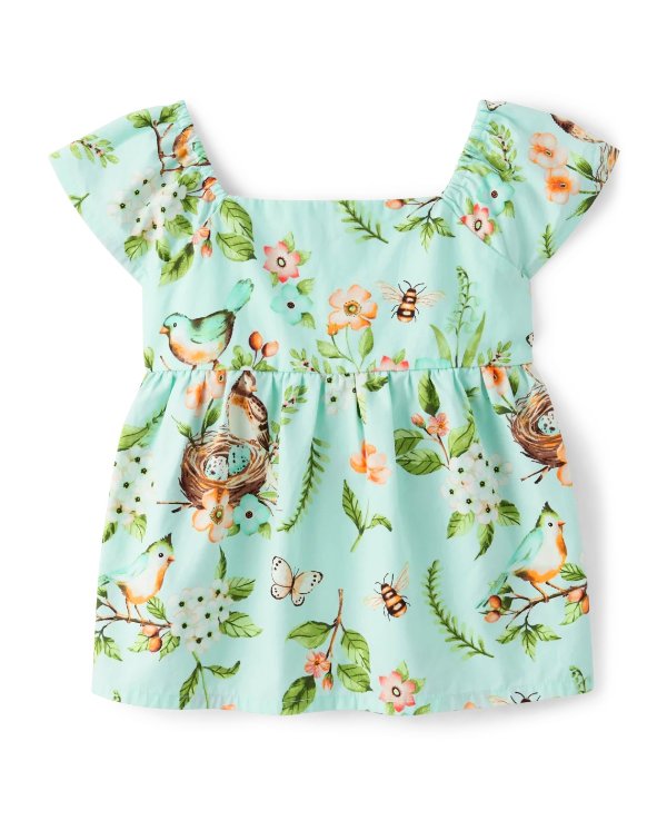 Girls Floral Bird Empire Babydoll Top - Signs of Spring - blue coral