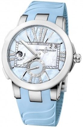 Executive Dual Time Automatic Blue Mother Of Pearl Diamond Dial Ladies Rubber Watch 243-10B-3C-393