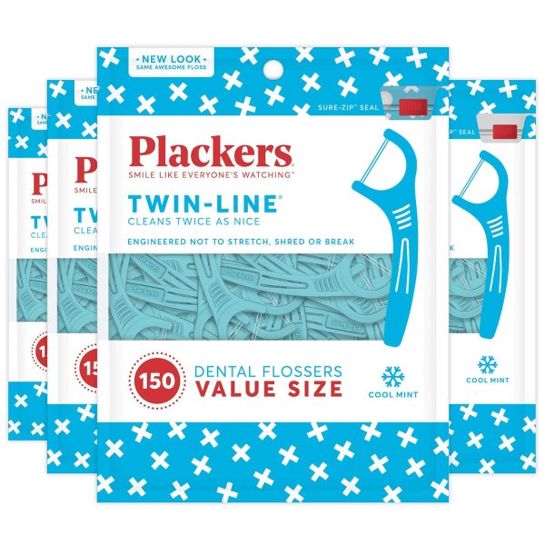 Plackers Twin-Line Dental Floss Picks, 150 Count (Pack of 4)