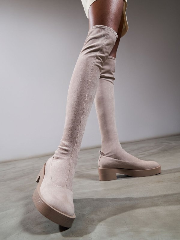 Taupe Textured Thigh-High Block Heel Boots | CHARLES & KEITH