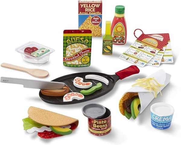 Fill & Fold Taco & Tortilla Set, 43Piece – Sliceable Wooden Mexican Play Food, Skillet, & More