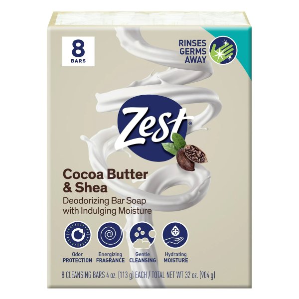 Zest Deodorant Bar Soap Cocoa Shea Butter, 4 oz, 8 Bars