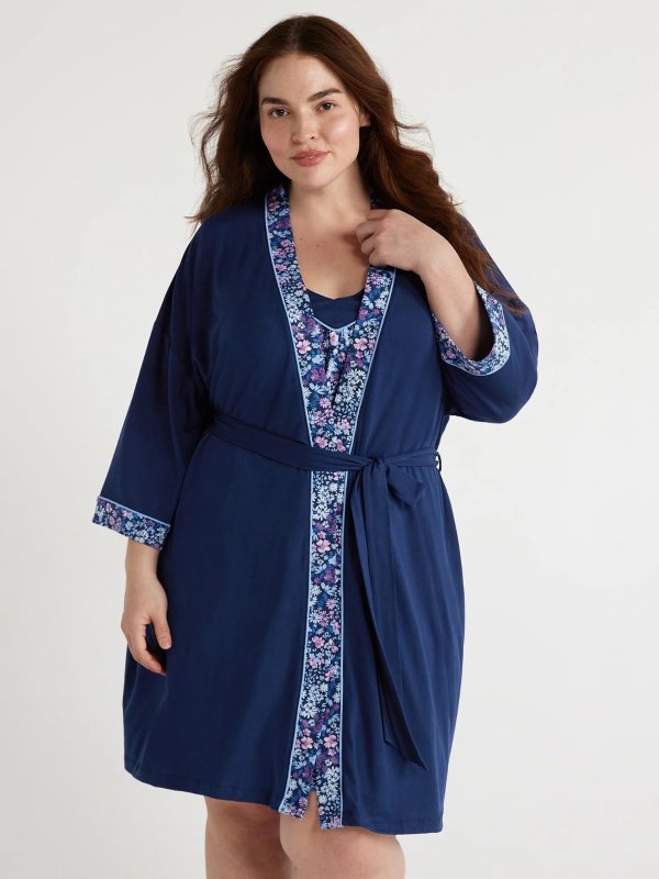 Women's Knit Short Chemise and Robe Pajama Set, Sizes S to 3X