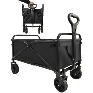 Collapsible Wagon Cart Heavy Duty Foldable, Large Capacity Foldable Grocery Beach Wagon for Camping Sports Shopping, Black