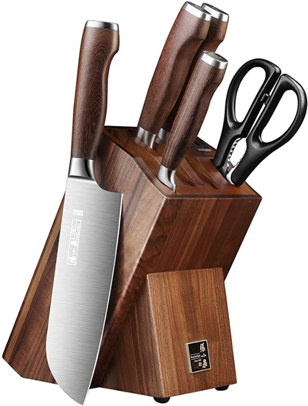 XIAO QUAN 5-pc Stainless Steel Knife Set with Block in Pine in Walnut Wood, Chinese Bone Chopping Knife, Slicing Knife, Chef’s Knife, Kitchen Shares, D31090100S