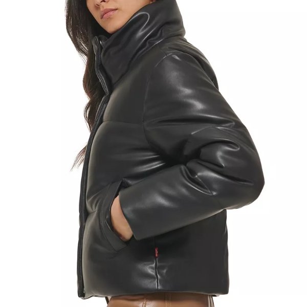 Women's Faux-Leather Short Puffer Jacket