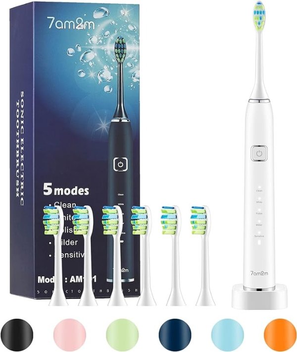 Sonic Electric Toothbrush with 6 Brush Heads for Kids and Children, One Charge for 90 Days, Wireless Fast Charge, 5 Modes with 2 Minutes Build in Smart Timer, Electric Toothbrushes(White)