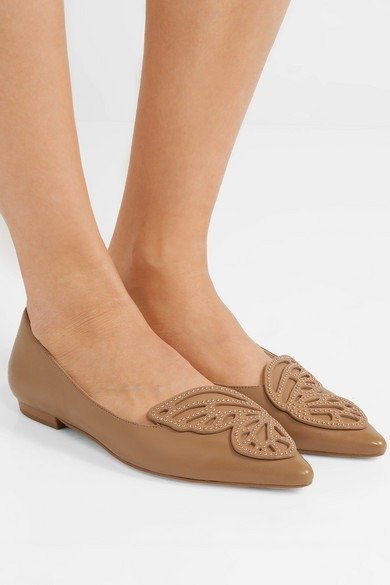 Butterfly studded appliqued leather point-toe flats