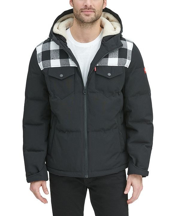 Men's Quilted Mix-Media Puffer Jacket with Fleece-Lined Hood
